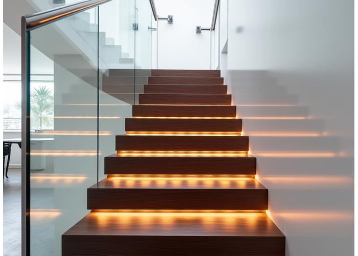 Modern floating staircase with thick wooden treads and glass railing illuminated by subtle LED underlighting